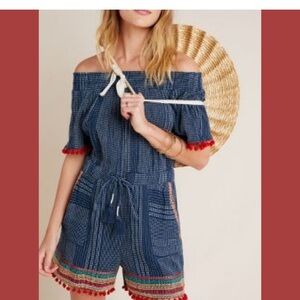 THML Anthropologie Navy Blue Off-Shoulder Jumpsuit with Red Accents